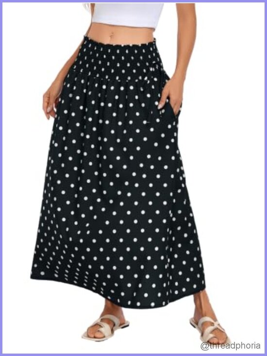Dresses & Skirts - Womens Polka Dot Smocked Maxi Skirt Flowy Boho A-Line Vacation